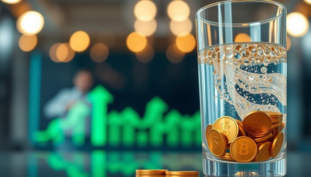 A close-up of a glass filled with shimmering liquid capital, representing financial growth, surrounded by floating golden coins and dollar bills. In the foreground, the glass is elegant and crystal clear, reflecting light with a glossy surface. The middle area features a blurred stock market graphic, with green upward arrows symbolizing financial success. In the background, soft bokeh lights create a warm, professional atmosphere, suggesting an office environment. The lighting is bright yet soft, emanating from a subtle overhead source that casts gentle shadows and highlights the texture of the liquid. The overall mood is optimistic and inspiring, emphasizing the significance of financial status in business. No text or branding elements are present.