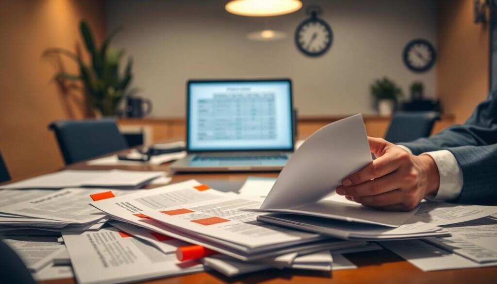 A close-up view of a business meeting table cluttered with franchise agreements and documents, illuminated by soft, warm overhead lighting. In the foreground, a pair of hands, wearing professional attire, sift through a stack of papers, revealing highlighted sections with red flags—bright red markers indicating potential issues. In the middle, an open laptop displaying a franchise comparison chart glows with a soft blue screen light. In the background, a blurred out office environment suggests a serious atmosphere, with a potted plant and a wall-mounted clock ticking away in a subtle reminder of time pressure. The overall mood is tense yet focused, capturing the essence of careful evaluation in franchise opportunities without any distractions.