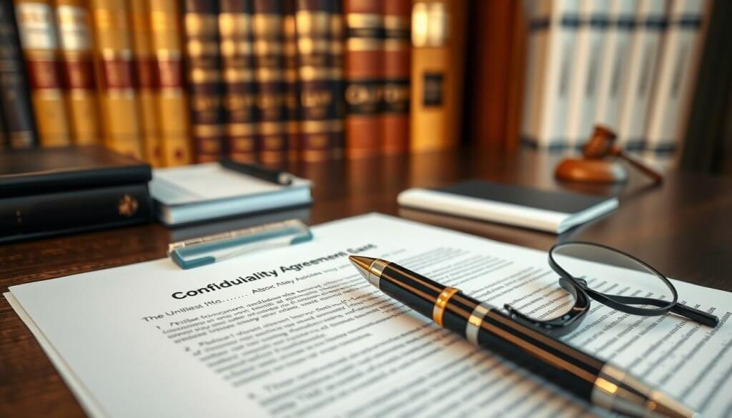 A close-up view of a neatly organized desk with a focus on a confidentiality agreement document, prominently displayed. The document features clean lines and detailed legal text, partially obscured by a sleek pen and a pair of reading glasses. In the background, a blurred bookshelf filled with law books and corporate guides adds depth, emphasizing a professional atmosphere. The lighting is soft and warm, creating a calm and serious mood, while a slight depth of field keeps the focus on the document. A dark wood desk provides a classic touch, and the entire scene conveys an air of professionalism and trust, suitable for navigating legal matters in a business environment. A close-up view of a neatly organized desk with a focus on a confidentiality agreement document, prominently displayed. The document features clean lines and detailed legal text, partially obscured by a sleek pen and a pair of reading glasses. In the background, a blurred bookshelf filled with law books and corporate guides adds depth, emphasizing a professional atmosphere. The lighting is soft and warm, creating a calm and serious mood, while a slight depth of field keeps the focus on the document. A dark wood desk provides a classic touch, and the entire scene conveys an air of professionalism and trust, suitable for navigating legal matters in a business environment.
