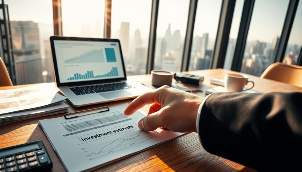 A close-up view of a professional analysis workspace focused on investment calculations, featuring a wooden desk with a laptop displaying financial graphs and a spreadsheet open. There are several stacks of financial reports and a calculator next to a cup of coffee. In the background, a large window reveals a city skyline bathed in warm afternoon sunlight, casting soft shadows across the scene. The lighting is natural and inviting, creating a productive atmosphere. In the foreground, a hand, dressed in a smart business suit, points to an investment estimate on a document. The overall mood conveys ambition, professionalism, and financial insight, perfect for exploring the concept of estimated initial investments. A close-up view of a professional analysis workspace focused on investment calculations, featuring a wooden desk with a laptop displaying financial graphs and a spreadsheet open. There are several stacks of financial reports and a calculator next to a cup of coffee. In the background, a large window reveals a city skyline bathed in warm afternoon sunlight, casting soft shadows across the scene. The lighting is natural and inviting, creating a productive atmosphere. In the foreground, a hand, dressed in a smart business suit, points to an investment estimate on a document. The overall mood conveys ambition, professionalism, and financial insight, perfect for exploring the concept of estimated initial investments.
