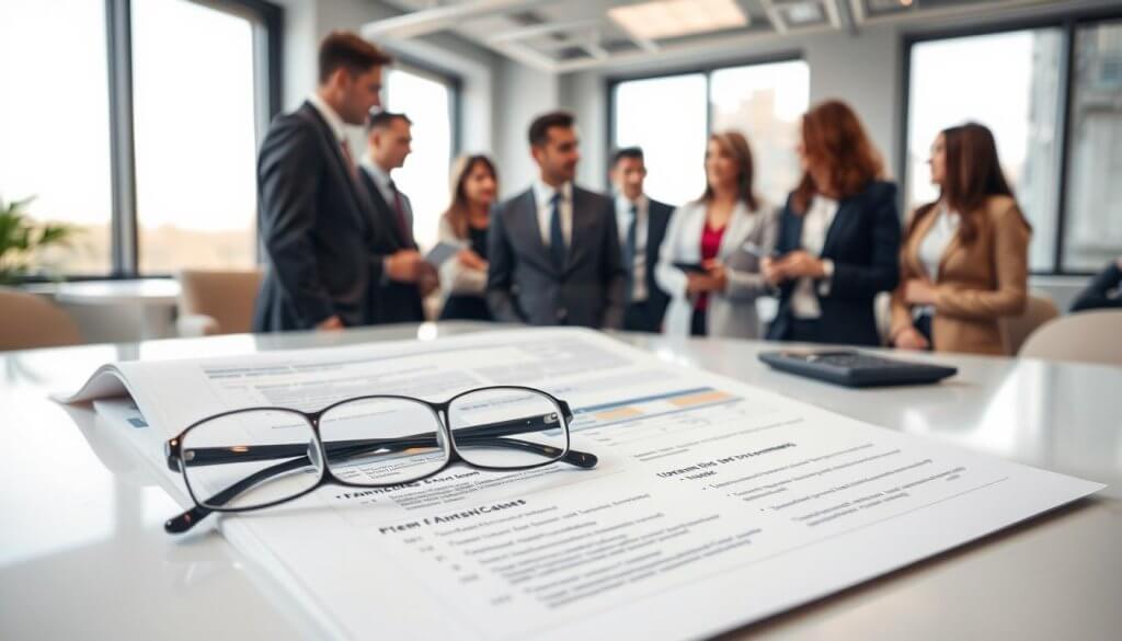 A detailed and visually engaging scene depicting an open Franchise Disclosure Document (FDD), specifically highlighting Item Seven, on a crisp white table. In the foreground, the document is neatly spread out, with highlighted sections and financial figures clearly visible, surrounded by a pair of professional reading glasses and a calculator, suggesting an analysis process. The middle ground features a focused, business-like atmosphere with a well-dressed, diverse group of professionals discussing in hushed tones, showcasing a blend of people in smart attire – a mix of suits and business casual. In the background, there is a softly blurred office setting with large windows allowing natural light to flood in, creating a warm and inviting mood. The scene is shot from a slightly elevated angle, emphasizing the document while capturing the collaborative spirit of the discussion.