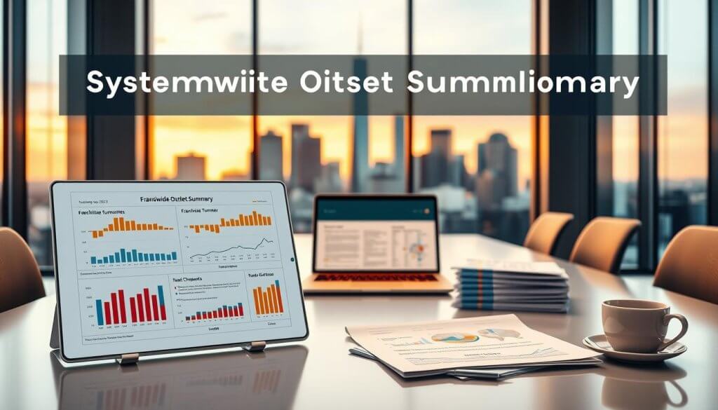 A detailed infographic-style "Systemwide Outlet Summary" set in a modern corporate office. In the foreground, a clear, professional-looking digital tablet displays graphs and charts illustrating franchise turnover data, closures, and transfers. The middle layer features a sleek conference table, with an open laptop showcasing a detailed report, surrounded by neatly stacked papers and a coffee cup, emphasizing a productive atmosphere. In the background, large windows reveal a city skyline during the golden hour, casting warm, ambient light into the room. The overall mood is analytical and focused, with soft lighting enhancing the professional setting, and the image should convey a sense of clarity and sophistication without any text or annotations present. A detailed infographic-style "Systemwide Outlet Summary" set in a modern corporate office. In the foreground, a clear, professional-looking digital tablet displays graphs and charts illustrating franchise turnover data, closures, and transfers. The middle layer features a sleek conference table, with an open laptop showcasing a detailed report, surrounded by neatly stacked papers and a coffee cup, emphasizing a productive atmosphere. In the background, large windows reveal a city skyline during the golden hour, casting warm, ambient light into the room. The overall mood is analytical and focused, with soft lighting enhancing the professional setting, and the image should convey a sense of clarity and sophistication without any text or annotations present.