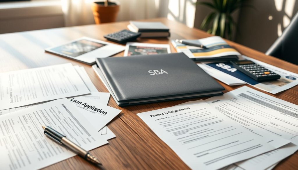 A detailed scene depicting an assortment of loan application documents spread out on a sleek, modern wooden desk. In the foreground, focus on neatly organized forms, including financial statements and personal information sheets, with an elegant pen placed nearby. The middle features a closed folder with a subtle logo indicating SBA loans, surrounded by promotional brochures and a calculator. In the background, soft natural light filters through a window, casting gentle shadows that enhance a professional atmosphere. The overall mood should be one of diligence and preparedness, inviting potential applicants to visualize the important process of navigating through their loan applications in a serene and organized environment. A detailed scene depicting an assortment of loan application documents spread out on a sleek, modern wooden desk. In the foreground, focus on neatly organized forms, including financial statements and personal information sheets, with an elegant pen placed nearby. The middle features a closed folder with a subtle logo indicating SBA loans, surrounded by promotional brochures and a calculator. In the background, soft natural light filters through a window, casting gentle shadows that enhance a professional atmosphere. The overall mood should be one of diligence and preparedness, inviting potential applicants to visualize the important process of navigating through their loan applications in a serene and organized environment.