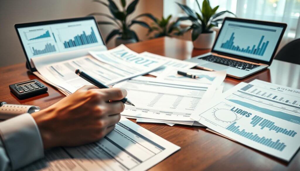 A detailed scene showcasing a collection of financial statements, including balance sheets, income statements, and cash flow statements, neatly arranged on a polished wooden desk. In the foreground, a pair of professional hands can be seen holding a pen, poised to annotate the documents. In the middle ground, an elegant calculator and a laptop display additional financial graphs. In the background, soft, warm lighting illuminates the room, creating a calm and focused atmosphere, with dark green plants adding a touch of nature. Use a slightly elevated angle to capture the depth of the workspace, emphasizing organization and professionalism in the image.