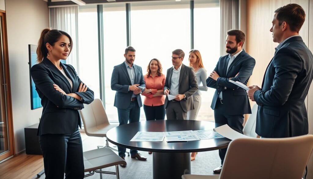 A diverse group of professionals engaged in a dynamic discussion, evaluating a leadership team and company culture, set in a modern conference room. In the foreground, a confident woman in a tailored suit stands with her arms crossed, intently analyzing a digital presentation on a screen. To her right, a man in business attire takes notes, showcasing an engaged demeanor. The middle ground features a large round table with charts and documents, surrounded by three more professionals in smart casual clothing exchanging ideas. The background reveals a large window with natural light pouring in, illuminating the room with a warm, inviting glow. The atmosphere is focused and collaborative, reflecting a serious yet open discussion about leadership and corporate culture. The angle is slightly elevated, capturing the entire scene harmoniously and professionally.