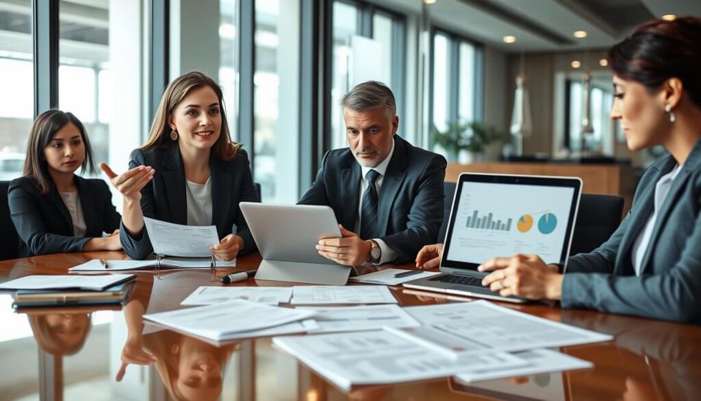 A focused business meeting scene showcasing a diverse group of professionals in smart business attire, seated around a polished conference table. In the foreground, a confident woman gestures while presenting a financial document, her expression engaged and persuasive. In the middle, a man diligently reviews a laptop displaying graphs and charts related to franchise financing. Papers and legal documents, neatly organized, are scattered across the table, reinforcing the theme of thorough preparation. The background features a well-lit office with large windows allowing natural light to flood the room, adding a touch of optimism. The atmosphere is collaborative and strategic, emphasizing a serious yet hopeful approach to securing capital for franchise ventures. The overall composition captures the essence of professionalism, focus, and determination in business.