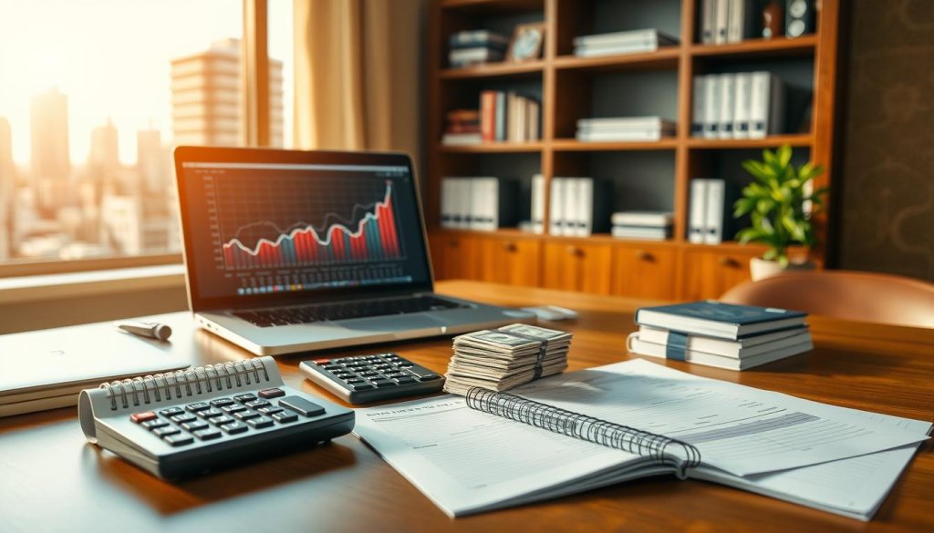 A focused image depicting a professional workspace centered around the concept of "additional funds". In the foreground, show a neatly arranged desk with a financial planner, open notepad, and a calculator, set under warm, soft lighting. In the middle ground, place a laptop displaying a dynamic financial graph, and a small stack of neatly bundled currency, symbolizing available funds. The background should feature a well-organized bookshelf with finance-related books and a window revealing a sunny urban skyline, suggesting optimism and growth. Capture the mood of seriousness yet open potential, with a subtle depth of field effect to highlight the desk items, all in a polished, business-like atmosphere. A focused image depicting a professional workspace centered around the concept of "additional funds". In the foreground, show a neatly arranged desk with a financial planner, open notepad, and a calculator, set under warm, soft lighting. In the middle ground, place a laptop displaying a dynamic financial graph, and a small stack of neatly bundled currency, symbolizing available funds. The background should feature a well-organized bookshelf with finance-related books and a window revealing a sunny urban skyline, suggesting optimism and growth. Capture the mood of seriousness yet open potential, with a subtle depth of field effect to highlight the desk items, all in a polished, business-like atmosphere.