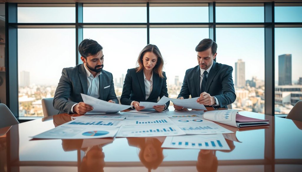 A modern and sleek office environment showcasing a professional analysis of financial performance representations. In the foreground, a diverse group of three business professionals (two men and one woman), dressed in business attire, attentively examining reports and charts on a polished conference table. The middle layer features various documents, graphs, and spreadsheets filled with financial data, emphasizing clarity and detail. In the background, large windows let in natural light, creating a bright and inviting atmosphere, while a city skyline is visible outside. The mood is focused and analytical, capturing a serious yet collaborative discussion about financial metrics. The lighting is warm and soft, enhancing the professionalism of the scene, shot from an eye-level angle to create an immersive feel. No text or watermarks in the image. A modern and sleek office environment showcasing a professional analysis of financial performance representations. In the foreground, a diverse group of three business professionals (two men and one woman), dressed in business attire, attentively examining reports and charts on a polished conference table. The middle layer features various documents, graphs, and spreadsheets filled with financial data, emphasizing clarity and detail. In the background, large windows let in natural light, creating a bright and inviting atmosphere, while a city skyline is visible outside. The mood is focused and analytical, capturing a serious yet collaborative discussion about financial metrics. The lighting is warm and soft, enhancing the professionalism of the scene, shot from an eye-level angle to create an immersive feel. No text or watermarks in the image.