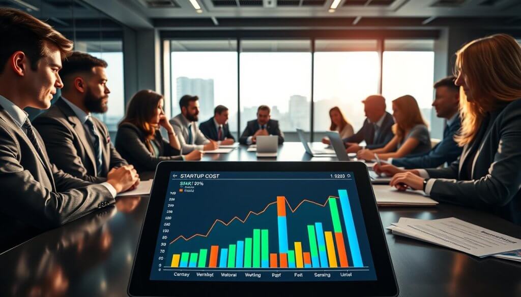 A modern office setting as the backdrop, featuring a sleek conference table surrounded by a diverse group of professionals in tailored business attire, engaged in intense discussion. In the foreground, a financial chart is prominently displayed on a digital tablet, showcasing startup costs with vibrant colors. In the middle ground, a large window lets in natural light, casting a warm glow that enhances the atmosphere of collaboration and focus. Papers and laptops are scattered across the table, indicating a thorough analysis of investment opportunities. The mood is serious yet optimistic, capturing the essence of strategic planning for franchise investments. Use a wide-angle lens to create depth and emphasize the dynamic interactions among the participants.