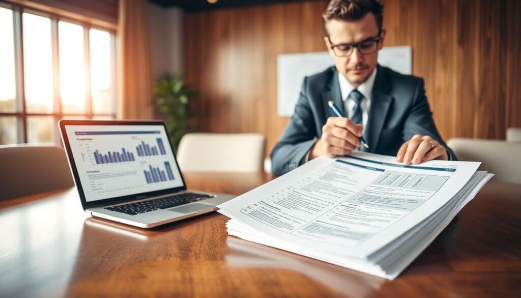 A modern office setting featuring a polished wooden desk with a neatly arranged Franchise Disclosure Document (FDD) open, showcasing detailed sections such as financials and obligations. In the foreground, a professional businessperson in a tailored suit examines the document with a focused expression, holding a pen ready to take notes. The middle ground includes a laptop displaying financial graphs and franchise comparison charts. In the background, a large window lets in natural light, casting a warm glow across the room. The overall atmosphere suggests professionalism and diligence, emphasizing the importance of carefully reviewing the FDD. The lighting is bright and clear, with a soft focus on the FDD, creating a inviting yet serious mood.