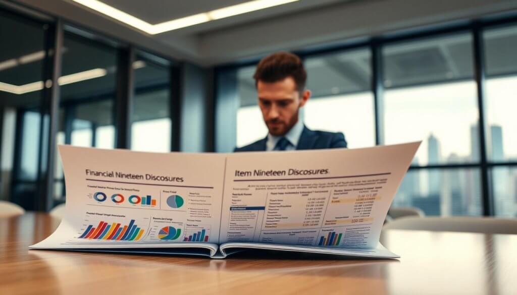 A modern office setting focused on a detailed view of a financial performance report titled "Item Nineteen Disclosures." In the foreground, a blurred open folder containing colorful charts and graphs displaying financial data. The middle ground features a professional individual in business attire, intently reviewing the report, emphasizing an analytical demeanor. The background showcases a sleek, well-lit office space with a large window, allowing soft natural light to illuminate the room, and city skyline visible outside. The overall mood is serious and focused, reflecting the importance of scrutinizing financial disclosures. The image should evoke a sense of professionalism and diligence in financial analysis, with an emphasis on clarity and precision.