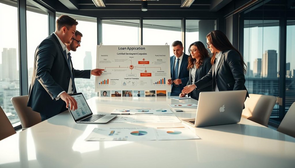 A modern office space featuring a diverse group of professionals collaborating around a sleek conference table. In the foreground, two individuals in smart business attire are discussing plans, pointing at documents and a laptop displaying charts related to loan applications. In the middle, a visual representation of a flowchart on a whiteboard illustrating the steps for navigating the loan application process, surrounded by images of certified development companies. In the background, a large window reveals a city skyline, with natural light streaming in, creating an energetic, optimistic atmosphere. Use soft, warm lighting to enhance a sense of teamwork and professionalism. The scene should evoke a mood of focus and determination, suited for a business environment.