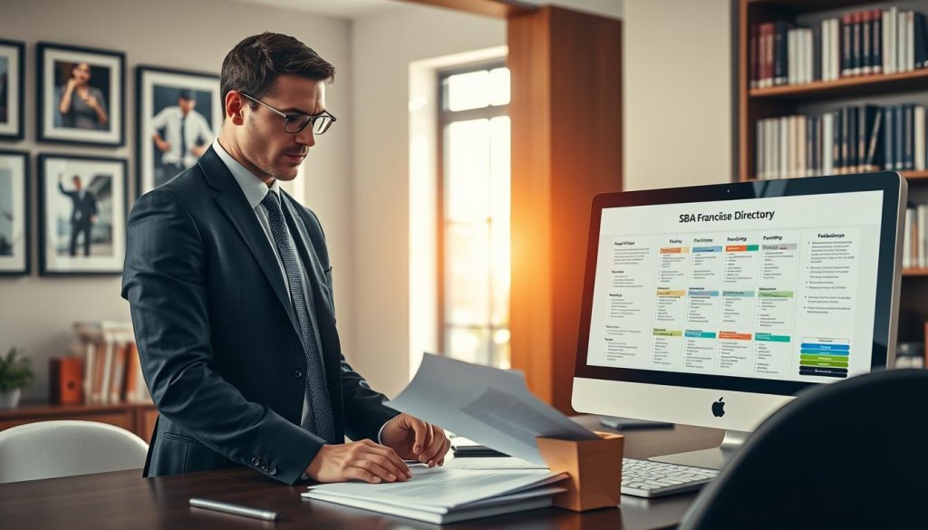 A modern workspace featuring a desktop computer displaying an organized SBA franchise directory on the screen, showcasing various franchise options arranged in clean categories. In the foreground, a business professional in a tailored suit examines financial documents with a thoughtful expression, reflecting a serious approach to franchise financing. In the middle ground, a large window lets in warm natural light, illuminating the room and creating a welcoming atmosphere. On the walls, framed images of successful franchise businesses add a motivational touch. The background features bookshelves filled with finance and business books, contributing to an atmosphere of professionalism and preparedness. The overall mood is focused and determined, emphasizing the importance of understanding eligibility requirements for franchise financing. A modern workspace featuring a desktop computer displaying an organized SBA franchise directory on the screen, showcasing various franchise options arranged in clean categories. In the foreground, a business professional in a tailored suit examines financial documents with a thoughtful expression, reflecting a serious approach to franchise financing. In the middle ground, a large window lets in warm natural light, illuminating the room and creating a welcoming atmosphere. On the walls, framed images of successful franchise businesses add a motivational touch. The background features bookshelves filled with finance and business books, contributing to an atmosphere of professionalism and preparedness. The overall mood is focused and determined, emphasizing the importance of understanding eligibility requirements for franchise financing.