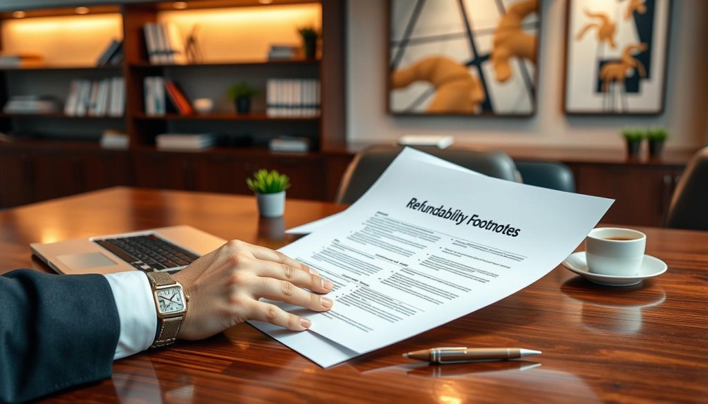 A professional and detailed office setting showcasing a document labeled "Refundability Footnotes" prominently displayed on a luxurious wooden table. In the foreground, a pair of hands reviews the document, showcasing well-groomed nails and wearing a classic wristwatch, dressed in formal business attire—a crisp white shirt and tailored blazer. The middle ground features a sleek laptop, an elegant pen, and a cup of coffee, all arranged neatly beside the document. In the background, soft-focus shelves lined with business books, a small potted plant, and a modern abstract painting add depth. The lighting is warm and inviting, creating a serious yet approachable atmosphere, with a slight lens blur to draw attention to the document and hands. A professional and detailed office setting showcasing a document labeled "Refundability Footnotes" prominently displayed on a luxurious wooden table. In the foreground, a pair of hands reviews the document, showcasing well-groomed nails and wearing a classic wristwatch, dressed in formal business attire—a crisp white shirt and tailored blazer. The middle ground features a sleek laptop, an elegant pen, and a cup of coffee, all arranged neatly beside the document. In the background, soft-focus shelves lined with business books, a small potted plant, and a modern abstract painting add depth. The lighting is warm and inviting, creating a serious yet approachable atmosphere, with a slight lens blur to draw attention to the document and hands.