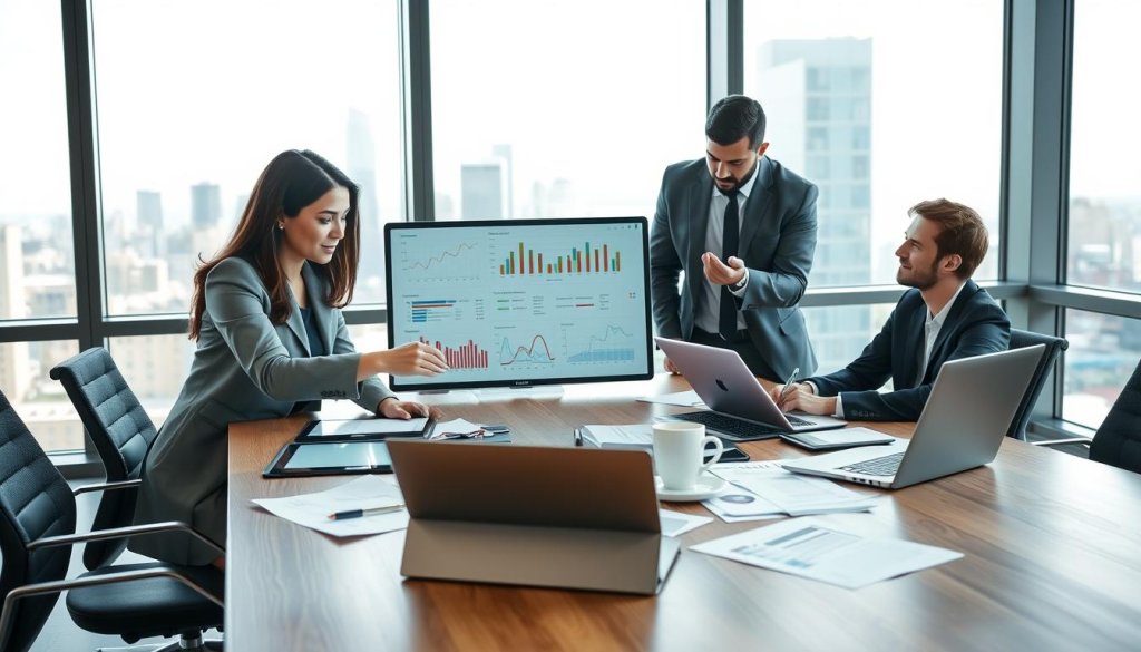 A professional business meeting in a modern, sleek office setting where a diverse group of three franchise consultants is gathered around a large table, focused on analyzing franchise data displayed on digital tablets and laptops. The foreground shows a woman in a smart suit gesturing towards a screen with colorful graphs and charts, while a man in a tailored blazer takes notes. In the middle, the table is cluttered with documents and a coffee cup, enhancing the immersive professional atmosphere. The background features a large window with a city skyline view, bright daylight illuminating the room, creating a vibrant yet serious mood. The whole scene conveys clarity, analysis, and partnership in decision-making, focusing on interpreting data for informed investment choices. A professional business meeting in a modern, sleek office setting where a diverse group of three franchise consultants is gathered around a large table, focused on analyzing franchise data displayed on digital tablets and laptops. The foreground shows a woman in a smart suit gesturing towards a screen with colorful graphs and charts, while a man in a tailored blazer takes notes. In the middle, the table is cluttered with documents and a coffee cup, enhancing the immersive professional atmosphere. The background features a large window with a city skyline view, bright daylight illuminating the room, creating a vibrant yet serious mood. The whole scene conveys clarity, analysis, and partnership in decision-making, focusing on interpreting data for informed investment choices.