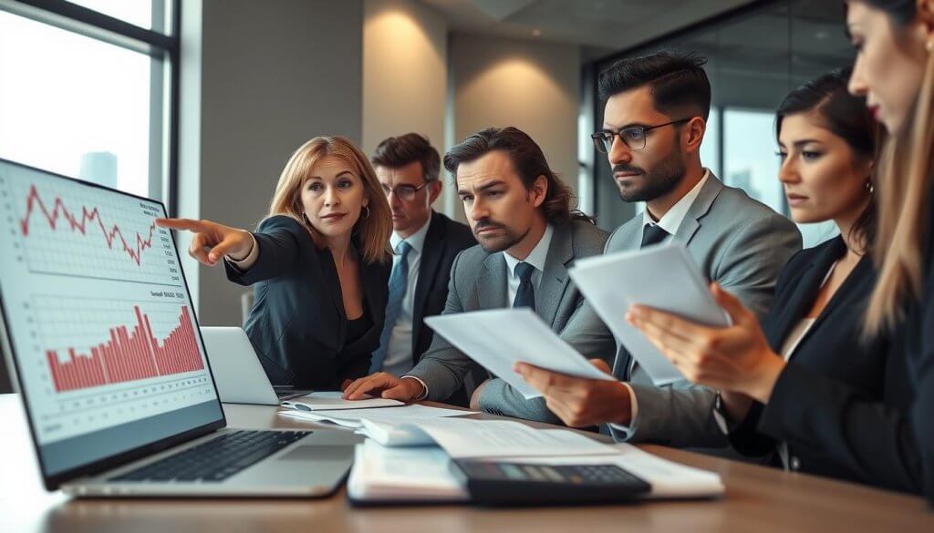 A professional business meeting scene set in a modern office environment, showcasing a diverse group of individuals in business attire, deeply engaged in discussing financial documents. In the foreground, a focused, middle-aged woman points to a complex financial chart on a laptop screen, illustrating various red flags like declining profits and excessive debt. In the middle ground, a serious-looking man scrutinizes a stack of financial reports on the table, with a calculator nearby. The background features a large window providing natural light, showcasing a skyline view. The atmosphere is tense yet constructive, highlighting the importance of financial scrutiny. The image should have soft, diffused lighting to create an inviting yet serious mood, with a slightly angled perspective to give depth to the office space.