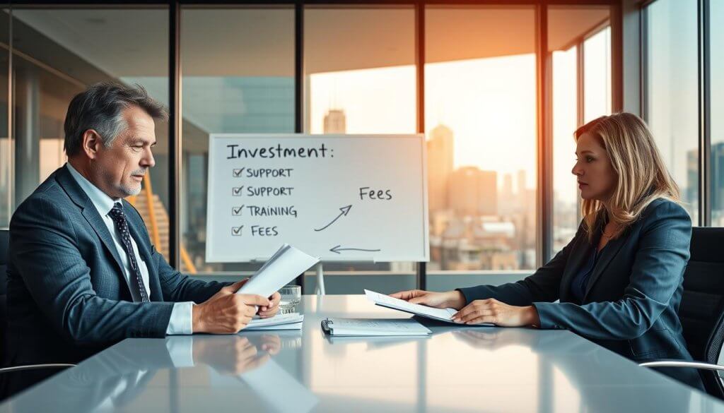 A professional business meeting scene set in a modern office environment, where two business people are engaged in a discussion. In the foreground, a middle-aged man and a woman are seated at a sleek conference table, examining a set of documents with focus and diligence. Both are dressed in smart business attire, conveying a sense of professionalism. In the middle ground, a large whiteboard displays key phrases like "Investment," "Support," "Training," and "Fees." The background features a panoramic window overlooking a cityscape, bathed in warm, natural light filtering through. The atmosphere is serious yet collaborative, emphasizing the importance of asking essential questions before committing to a franchise. A depth of field effect softly blurs the background to keep the focus on the subjects and the documents. A professional business meeting scene set in a modern office environment, where two business people are engaged in a discussion. In the foreground, a middle-aged man and a woman are seated at a sleek conference table, examining a set of documents with focus and diligence. Both are dressed in smart business attire, conveying a sense of professionalism. In the middle ground, a large whiteboard displays key phrases like "Investment," "Support," "Training," and "Fees." The background features a panoramic window overlooking a cityscape, bathed in warm, natural light filtering through. The atmosphere is serious yet collaborative, emphasizing the importance of asking essential questions before committing to a franchise. A depth of field effect softly blurs the background to keep the focus on the subjects and the documents.