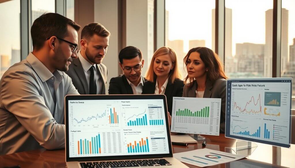 A professional business meeting taking place in a modern office setting, with a diverse group of individuals—two men and two women—analyzing a collection of digital graphs and charts displayed on a large screen. In the foreground, a laptop showcases complex risk data visuals, while close-up views of spreadsheets filled with statistics and failure rates are visible. In the middle, the team is engaged in a focused discussion, wearing smart business attire, with expressions of concentration and collaboration. The background features floor-to-ceiling windows revealing a urban skyline bathed in warm, natural light, creating a bright and optimistic atmosphere. The composition captures a sense of diligence and careful analysis, emphasizing the theme of assessing risk factors effectively.