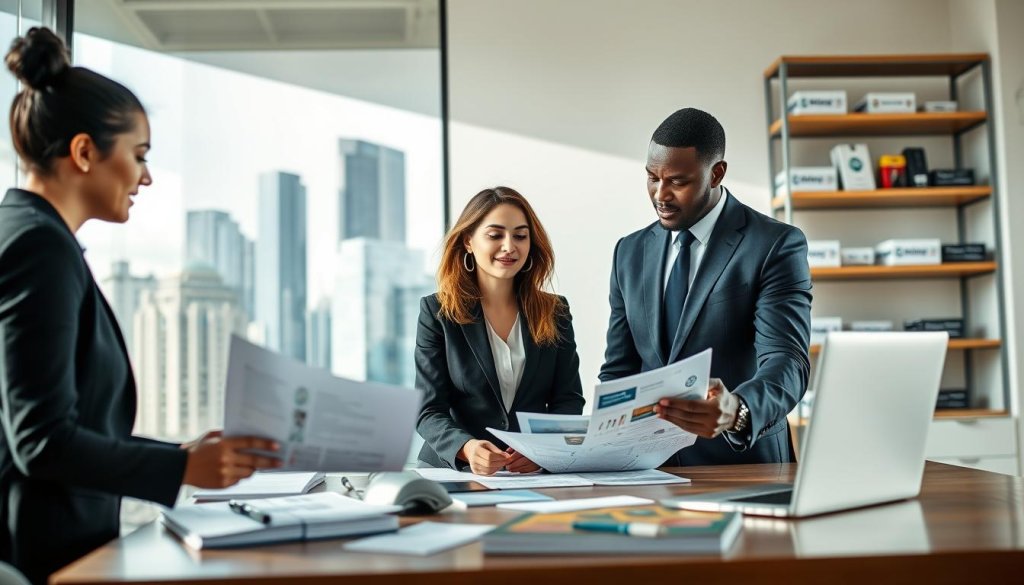 A professional business setting depicting a diverse group of franchise buyers engaged in a discussion. In the foreground, two individuals in smart business attire, a woman of Asian descent and a man of African descent, are analyzing documents on a table filled with franchise brochures and a laptop, looking focused and optimistic. In the middle ground, a large window reflects a modern city skyline, suggesting opportunity and growth. The atmosphere is bright and inviting, enhanced by natural daylight streaming through the window. Soft shadows add depth to the scene. In the background, a shelf filled with franchise branding and logos subtly conveys the theme of eligibility requirements. The lens captures a medium angle, creating a professional yet approachable mood, ideal for illustrating the concept of franchise eligibility.