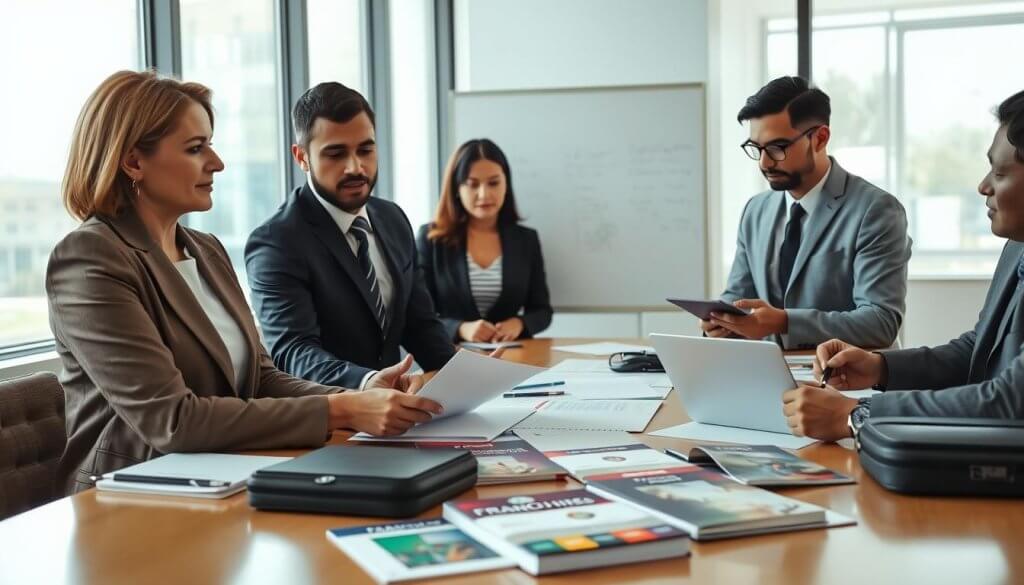 A professional business setting featuring a diverse group of individuals in business attire engaged in a discussion at a conference table. In the foreground, a middle-aged Caucasian woman is reviewing documents, displaying a look of concentration, while a young Black man beside her gestures as he presents an idea. In the middle background, a Hispanic woman is writing on a whiteboard, and an Asian man is taking notes on a laptop. The room is well-lit with natural light streaming through large windows, creating a bright and inviting atmosphere. Several franchise-related brochures and a briefcase are scattered on the table. Capture the earnestness and collaboration of the scene from a slightly elevated angle to emphasize teamwork and professionalism without any distractions. A professional business setting featuring a diverse group of individuals in business attire engaged in a discussion at a conference table. In the foreground, a middle-aged Caucasian woman is reviewing documents, displaying a look of concentration, while a young Black man beside her gestures as he presents an idea. In the middle background, a Hispanic woman is writing on a whiteboard, and an Asian man is taking notes on a laptop. The room is well-lit with natural light streaming through large windows, creating a bright and inviting atmosphere. Several franchise-related brochures and a briefcase are scattered on the table. Capture the earnestness and collaboration of the scene from a slightly elevated angle to emphasize teamwork and professionalism without any distractions.
