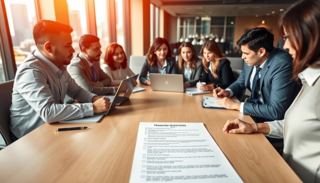 A professional business setting featuring a diverse group of individuals in business attire gathered around a large table, engaged in a brainstorming session. On the table are notepads, laptops, and pens, with a detailed checklist titled "Franchise Questions" visible among the materials. A warm, inviting light fills the room, creating a productive atmosphere. The background shows a modern office with large windows, allowing natural light to stream in and highlighting a cityscape outside. The focus is on the participants, who are deeply involved in discussion, illustrating the importance of preparation and collaboration in selecting the right franchise. A shallow depth of field enhances the concentration on the group while subtly blurring the background, maintaining a professional mood. A professional business setting featuring a diverse group of individuals in business attire gathered around a large table, engaged in a brainstorming session. On the table are notepads, laptops, and pens, with a detailed checklist titled "Franchise Questions" visible among the materials. A warm, inviting light fills the room, creating a productive atmosphere. The background shows a modern office with large windows, allowing natural light to stream in and highlighting a cityscape outside. The focus is on the participants, who are deeply involved in discussion, illustrating the importance of preparation and collaboration in selecting the right franchise. A shallow depth of field enhances the concentration on the group while subtly blurring the background, maintaining a professional mood.