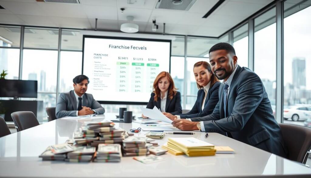 A professional business setting focused on the financial aspects of purchasing a franchise. In the foreground, a diverse group of three individuals in business attire gather around a sleek conference table, studying a pile of cash and financial documents. The middle ground features a large projection screen displaying an infographic with various franchise costs, like initial investments and ongoing fees. In the background, a modern office environment with large windows letting in natural light, showcasing a city skyline. The atmosphere is serious yet optimistic, conveying a sense of opportunity and strategic planning. Use soft, even lighting to enhance clarity, with a wide-angle lens perspective to capture the room's depth.