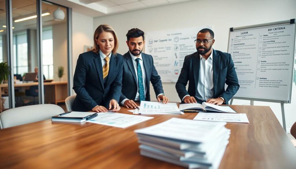 A professional business setting illustrating the lender selection process for SBA 7(a) franchise loans. In the foreground, a diverse group of three individuals in smart business attire, engaged in a discussion over loan options, with charts and folders spread out on a wooden conference table. The middle ground showcases a large whiteboard filled with key criteria and evaluation checklists. In the background, an office with large windows allowing natural light to fill the room, creating a warm and inviting atmosphere. The lighting is bright, emphasizing the focused expressions of the individuals. The perspective is slightly angled, giving depth to the scene, while maintaining a sense of professionalism and collaboration. The overall mood is motivational and driven, reflecting the importance of the lender selection process.
