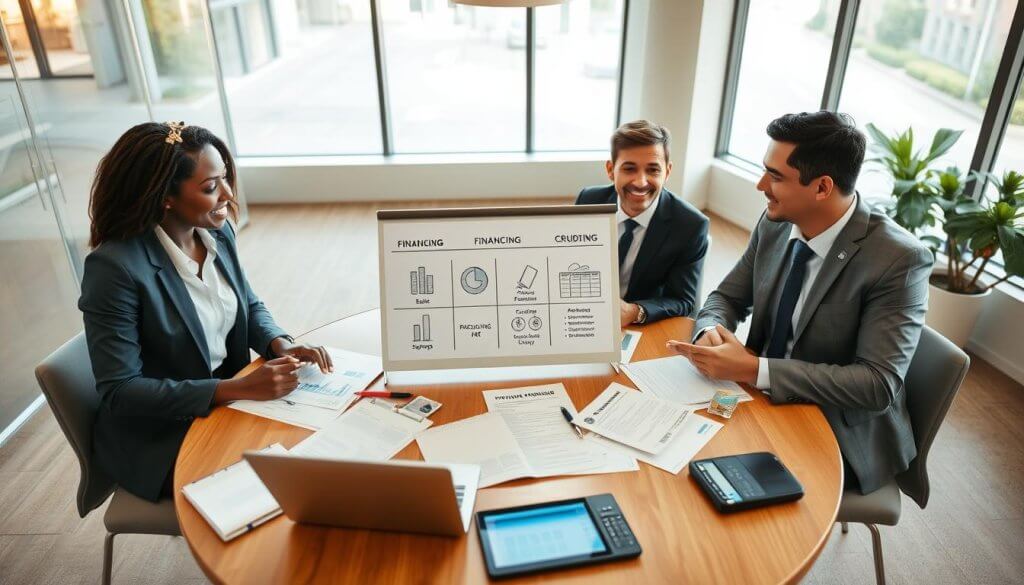 A professional business setting showcasing common financing methods for new franchisees. In the foreground, a diverse group of two business individuals—one Black woman in a tailored suit and one Hispanic man in a smart casual outfit—are engaged in a focused discussion around a round table littered with financial documents, a laptop showing charts, and a calculator. In the middle, a flip chart displays illustrations of financing options like bank loans, personal savings, and crowdfunding. The background features a modern office environment with large windows allowing natural light to flood the space, creating a bright and optimistic atmosphere. The camera angle captures a dynamic view from slightly above to emphasize interaction and focus on the table's contents.