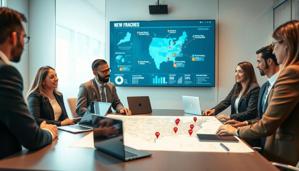 A professional business setting showcasing the projected new outlet openings for a franchise. In the foreground, display a diverse group of franchise executives in business attire, examining a detailed map with marked locations for new openings. The middle ground features a sleek conference table with laptops, graphs, and charts illustrating growth trends and market analysis. In the background, a wall-mounted screen displays a digital infographic of potential outlet locations with cities highlighted. The lighting is bright and focused, emphasizing a collaborative atmosphere. The angle should be slightly elevated to capture the entire scene, invoking a sense of optimism and strategic planning as the team discusses future expansions. A professional business setting showcasing the projected new outlet openings for a franchise. In the foreground, display a diverse group of franchise executives in business attire, examining a detailed map with marked locations for new openings. The middle ground features a sleek conference table with laptops, graphs, and charts illustrating growth trends and market analysis. In the background, a wall-mounted screen displays a digital infographic of potential outlet locations with cities highlighted. The lighting is bright and focused, emphasizing a collaborative atmosphere. The angle should be slightly elevated to capture the entire scene, invoking a sense of optimism and strategic planning as the team discusses future expansions.