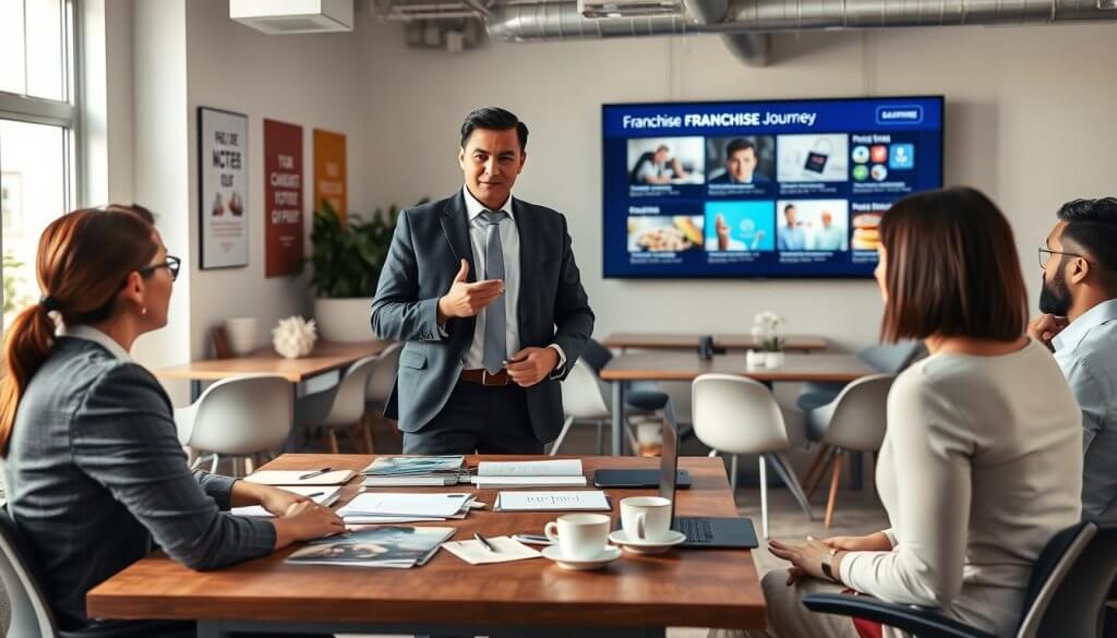 A professional franchise broker matchmaker stands confidently in an open office space, engaged in a discussion with a diverse group of potential franchise buyers. The broker, dressed in formal business attire, exudes expertise and approachability. In the foreground, a well-organized desk is adorned with franchise brochures, a laptop, and coffee cups. The middle ground features the broker gesturing towards a large wall-mounted screen displaying franchise opportunities, emphasizing transparency and guidance. In the background, collaborative workspaces with modern decor and motivational posters create a friendly atmosphere, bathed in natural light from large windows. The scene conveys a sense of professionalism, trust, and collaboration, highlighting the essential role of franchise brokers in guiding buyers through their franchise journey.
