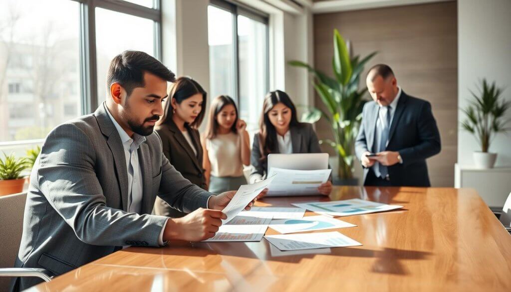 A professional meeting scene featuring a diverse group of franchisees gathered around a polished conference table in a bright, modern office. In the foreground, two franchisees, one Caucasian and one Black, are reviewing financial documents and charts, showing focused expressions. In the middle background, additional franchisees, including an Asian woman and a Hispanic man, are engaged in conversation while looking at a laptop screen. Large windows provide natural sunlight, casting soft shadows and creating a warm atmosphere. Potted plants add a touch of greenery to the room. The overall mood is serious yet collaborative, emphasizing the importance of validating financial figures through open communication and trust. The setting should reflect a professional environment with elegant furniture and decor, highlighting the significance of informed decision-making in franchising.