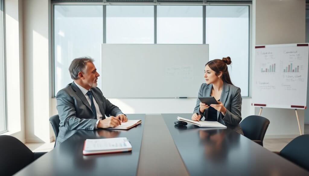 A professional, modern office setting where two business people are engaged in a conversation about franchise validation calls. In the foreground, a middle-aged man in a tailored suit and a young woman in smart casual attire are sitting at a sleek conference table, looking intently at each other, with notebooks and digital devices open in front of them. The middle ground features a large window with bright natural light pouring in, illuminating the scene. In the background, a whiteboard with strategically placed notes and charts reflects a focus on business discussions and planning. The atmosphere is collaborative and serious, conveying the importance of initiating validation conversations in franchise discussions. The camera angle is slightly above eye level to capture the interaction and the professional setting effectively.