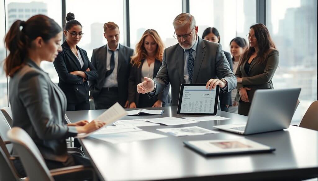 A professional office environment depicting a diverse group of individuals reviewing eligibility requirements for franchise buyers. In the foreground, a focused young woman in business attire studies a document, while a middle-aged man in a suit points at a digital tablet showing financial data. In the middle ground, a sleek conference table is adorned with paperwork and a laptop. The background features a large window with city views, casting soft natural light across the room. The atmosphere is serious yet collaborative, emphasizing a sense of determination and professionalism. The scene is captured with a shallow depth of field, highlighting the subjects while softly blurring the edges to draw attention to the discussion on eligibility criteria.