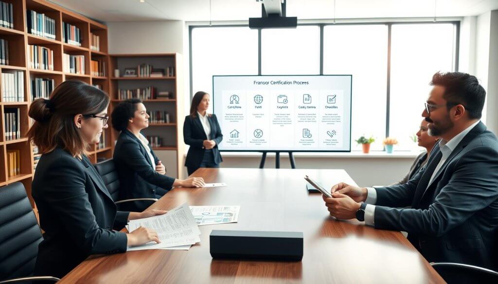 A professional office setting, depicting a franchisor's certification process, with a diverse group of individuals engaged in discussion around a large conference table. In the foreground, a businesswoman in a tailored suit is pointing at a document with certification criteria, while a businessman, wearing glasses and a smart blazer, reviews paperwork. In the middle, a digital presentation on a screen highlights key steps in the certification process, showcasing icons of compliance, forms, and checklists. The background features bookshelves filled with business literature and a large window allowing soft, natural light to filter in, creating a focused yet open atmosphere. The overall mood conveys professionalism and collaboration in a corporate environment, emphasizing the importance of the franchisor certification journey. A professional office setting, depicting a franchisor's certification process, with a diverse group of individuals engaged in discussion around a large conference table. In the foreground, a businesswoman in a tailored suit is pointing at a document with certification criteria, while a businessman, wearing glasses and a smart blazer, reviews paperwork. In the middle, a digital presentation on a screen highlights key steps in the certification process, showcasing icons of compliance, forms, and checklists. The background features bookshelves filled with business literature and a large window allowing soft, natural light to filter in, creating a focused yet open atmosphere. The overall mood conveys professionalism and collaboration in a corporate environment, emphasizing the importance of the franchisor certification journey.