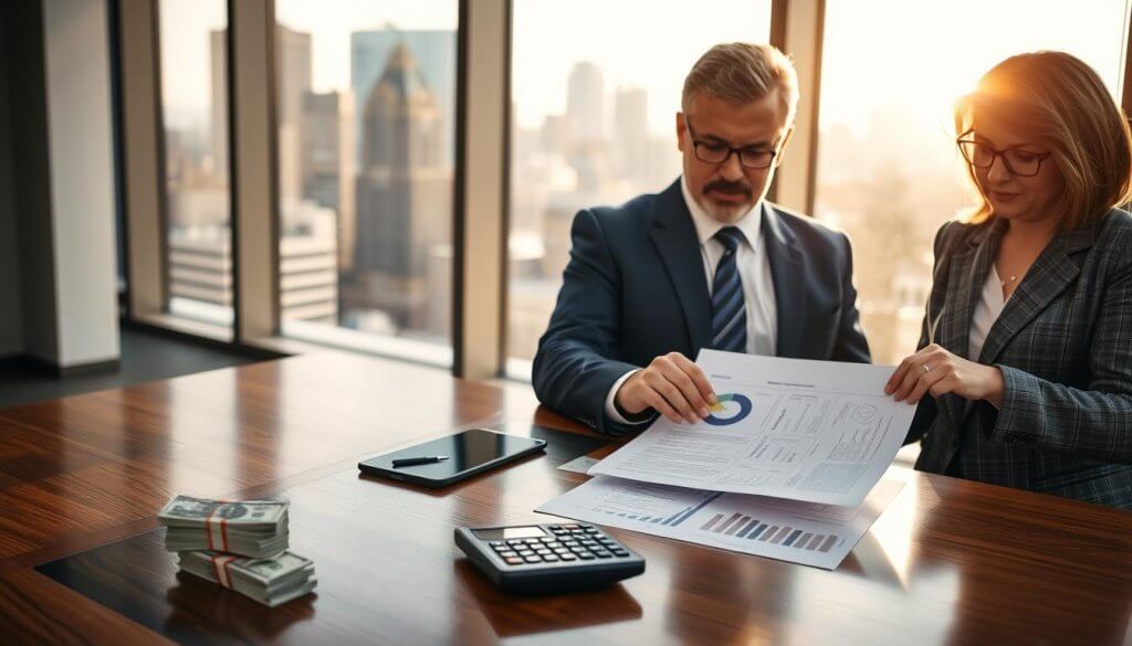 A professional office setting with a sleek wooden table, on which sits a small stack of monetary bills and a calculator, symbolizing financial incentives. In the foreground, a meticulously dressed franchise consultant, a middle-aged man in a navy suit, engages in a conversation with a franchise broker, a middle-aged woman in a tailored grey blazer. Both are examining a franchise agreement covered with charts and graphs, indicating potential conflicts of interest. In the background, a large window reveals a city skyline under warm afternoon sunlight, casting soft shadows and creating an atmosphere of seriousness and business acumen. The composition should have a slight depth of field, keeping the focus on the individuals and the documents while softly blurring the background. A professional office setting with a sleek wooden table, on which sits a small stack of monetary bills and a calculator, symbolizing financial incentives. In the foreground, a meticulously dressed franchise consultant, a middle-aged man in a navy suit, engages in a conversation with a franchise broker, a middle-aged woman in a tailored grey blazer. Both are examining a franchise agreement covered with charts and graphs, indicating potential conflicts of interest. In the background, a large window reveals a city skyline under warm afternoon sunlight, casting soft shadows and creating an atmosphere of seriousness and business acumen. The composition should have a slight depth of field, keeping the focus on the individuals and the documents while softly blurring the background.