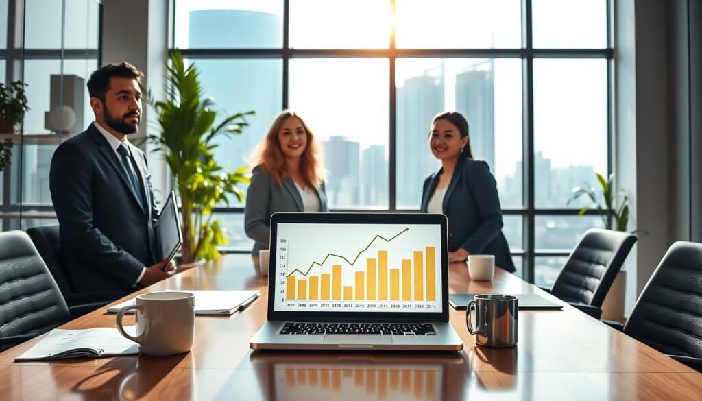 A serene office environment reflecting financial growth, with a diverse group of three professionals in smart business attire gathered around a sleek conference table. In the foreground, a well-organized laptop displays financial graphs trending upwards, surrounded by financial documents and a coffee mug. The middle ground showcases a large window with sunlight streaming in, casting warm, inviting illumination across the room, and a lush green plant adding a touch of nature. The background features a modern city skyline, symbolizing opportunity and prosperity. The mood is optimistic and focused, emphasizing collaboration and strategic planning for improving net worth. Shot with a wide-angle lens to capture the entire setting, highlighting the sense of achievement and ambition.