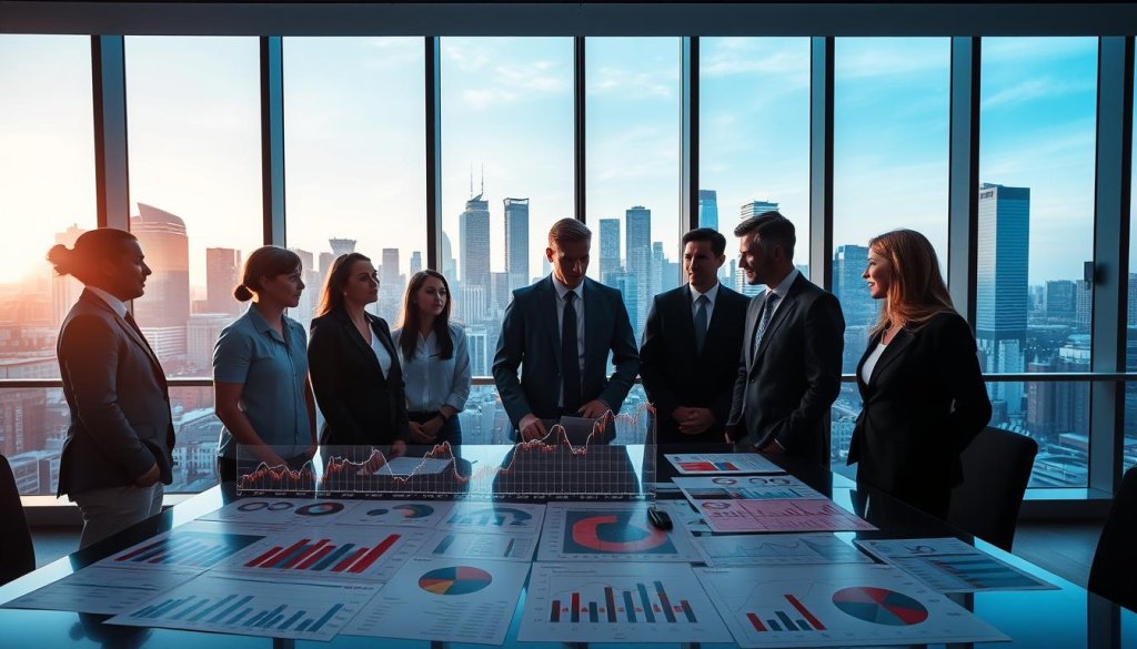 A sleek, modern office environment as the background, featuring a large window with a view of a bustling city skyline during the day, symbolizing financial opportunities. In the foreground, a diverse group of professional individuals, dressed in business attire, are engaged in a discussion around a desk covered with charts and financial reports displaying fluctuating graphs and data. The middle ground shows a digital screen with abstract representations of financial data, incorporating symbols of growth like arrows and dollar signs. The lighting is bright and focused, illuminating the charts, creating a sense of optimism and clarity. The mood exudes professionalism and contemplation, reflecting the complexities of financial performance. A sleek, modern office environment as the background, featuring a large window with a view of a bustling city skyline during the day, symbolizing financial opportunities. In the foreground, a diverse group of professional individuals, dressed in business attire, are engaged in a discussion around a desk covered with charts and financial reports displaying fluctuating graphs and data. The middle ground shows a digital screen with abstract representations of financial data, incorporating symbols of growth like arrows and dollar signs. The lighting is bright and focused, illuminating the charts, creating a sense of optimism and clarity. The mood exudes professionalism and contemplation, reflecting the complexities of financial performance.