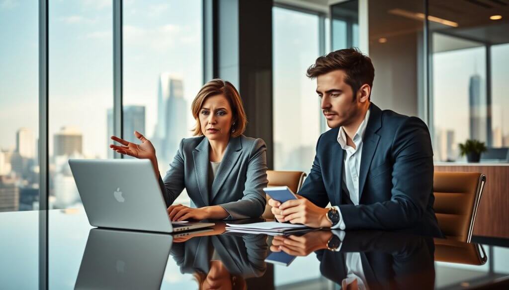 A sleek, modern office space featuring two professional franchise brokers seated at a polished conference table, engrossed in a discussion. One broker, a middle-aged woman in a tailored gray suit, gestures toward a laptop displaying franchise data, while the other, a young man in a navy blazer, takes notes. In the background, a large window reveals a bustling cityscape with skyscrapers. The scene is lit with soft, diffused daylight, creating a warm and inviting atmosphere. A subtle hint of tension is captured in their expressions, suggesting potential conflicts of interest. The image is shot from a slightly elevated angle, focusing on the brokers and their interaction, with a blurred background emphasizing the office professionalism. A sleek, modern office space featuring two professional franchise brokers seated at a polished conference table, engrossed in a discussion. One broker, a middle-aged woman in a tailored gray suit, gestures toward a laptop displaying franchise data, while the other, a young man in a navy blazer, takes notes. In the background, a large window reveals a bustling cityscape with skyscrapers. The scene is lit with soft, diffused daylight, creating a warm and inviting atmosphere. A subtle hint of tension is captured in their expressions, suggesting potential conflicts of interest. The image is shot from a slightly elevated angle, focusing on the brokers and their interaction, with a blurred background emphasizing the office professionalism.