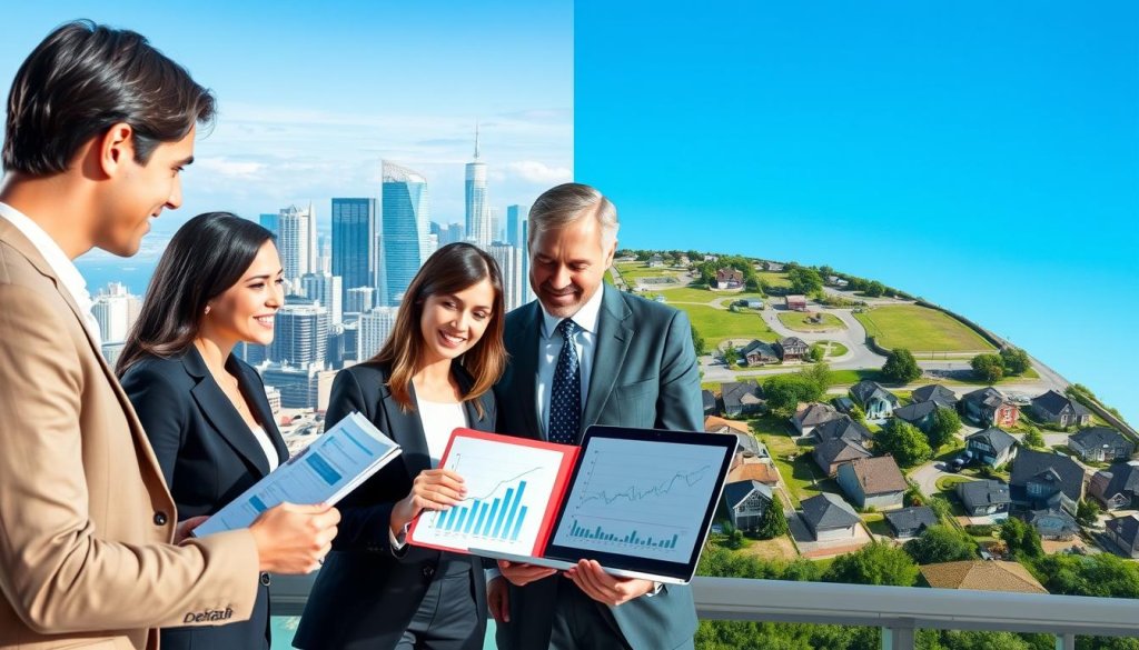 A split-view image illustrating location cost variation in real estate, designed for a professional setting. In the foreground, a diverse group of four business professionals, dressed in sharp business attire, are engaged in a discussion over a folder and a laptop displaying graphs and charts. In the middle ground, two contrasting landscapes are depicted: one showcasing a bustling urban environment with high-rise buildings, signifying high costs, and the other an open, serene suburban area with modest homes and green spaces, representing lower costs. The background features a clear blue sky, adding optimism to the scene. Bright, natural lighting enhances the professional atmosphere, captured with a slightly angled perspective to create depth and focus on the discussion. A split-view image illustrating location cost variation in real estate, designed for a professional setting. In the foreground, a diverse group of four business professionals, dressed in sharp business attire, are engaged in a discussion over a folder and a laptop displaying graphs and charts. In the middle ground, two contrasting landscapes are depicted: one showcasing a bustling urban environment with high-rise buildings, signifying high costs, and the other an open, serene suburban area with modest homes and green spaces, representing lower costs. The background features a clear blue sky, adding optimism to the scene. Bright, natural lighting enhances the professional atmosphere, captured with a slightly angled perspective to create depth and focus on the discussion.