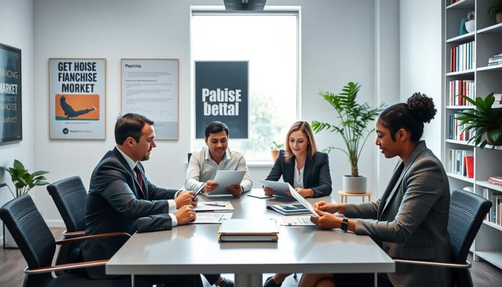 A vibrant and professional office scene featuring franchise brokers engaged in a collaborative discussion. In the foreground, a diverse group of two men and two women, dressed in tailored business attire, is seated around a modern conference table, analyzing franchise documents and market data on digital tablets. The middle ground showcases a large window with natural light streaming in, illuminating a sleek office environment adorned with motivational franchise posters. The background features a bookshelf filled with franchise-related books and resources, hints of lush greenery from potted plants. The atmosphere conveys a sense of focused professionalism and teamwork, with soft lighting emphasizing the seriousness of their research process. The camera angle is slightly elevated, providing a comprehensive view of the group and their surroundings. A vibrant and professional office scene featuring franchise brokers engaged in a collaborative discussion. In the foreground, a diverse group of two men and two women, dressed in tailored business attire, is seated around a modern conference table, analyzing franchise documents and market data on digital tablets. The middle ground showcases a large window with natural light streaming in, illuminating a sleek office environment adorned with motivational franchise posters. The background features a bookshelf filled with franchise-related books and resources, hints of lush greenery from potted plants. The atmosphere conveys a sense of focused professionalism and teamwork, with soft lighting emphasizing the seriousness of their research process. The camera angle is slightly elevated, providing a comprehensive view of the group and their surroundings.