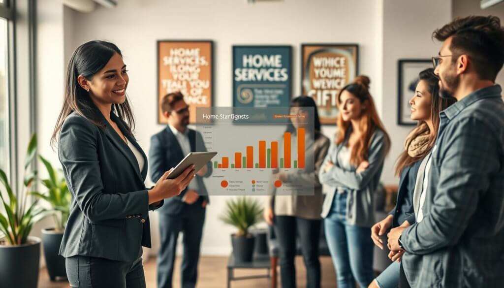 A vibrant scene depicting a professional home services consultation in a modern office space. In the foreground, a confident businesswoman in professional attire uses a tablet to present data on home services growth potential to a diverse group of interested clients also dressed in smart casual clothing. In the middle, a visually engaging chart displays statistics related to the home services industry, showcasing its emerging trends. The background features a sleek, well-lit office environment with potted plants and motivational art on the walls, suggesting a positive atmosphere. Soft, warm lighting enhances the inviting mood, while a slight depth of field focuses on the consultation, creating an engaging image that reflects the excitement of identifying growth opportunities in this sector.