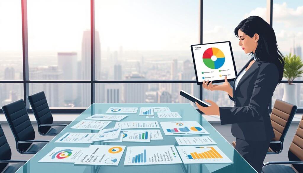 A visually engaging illustration depicting a commission structure for franchise brokers, set in a sleek modern office environment. In the foreground, a professional businesswoman in a tailored suit is strategically analyzing a colorful pie chart on a digital tablet, symbolizing commission breakdowns. The middle ground features a large glass table covered with various documents and graphs reflecting the income streams and commission percentages. The background showcases a panoramic view of a city skyline through a large window, with soft, natural lighting pouring in to create an inspiring atmosphere. The overall mood is professional and insightful, emphasizing clarity and understanding in financial matters while ensuring the absence of any text or branding in the image. A visually engaging illustration depicting a commission structure for franchise brokers, set in a sleek modern office environment. In the foreground, a professional businesswoman in a tailored suit is strategically analyzing a colorful pie chart on a digital tablet, symbolizing commission breakdowns. The middle ground features a large glass table covered with various documents and graphs reflecting the income streams and commission percentages. The background showcases a panoramic view of a city skyline through a large window, with soft, natural lighting pouring in to create an inspiring atmosphere. The overall mood is professional and insightful, emphasizing clarity and understanding in financial matters while ensuring the absence of any text or branding in the image.