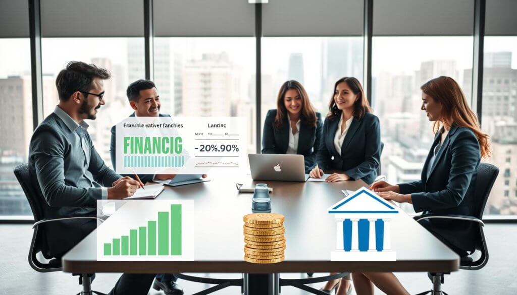 A visually engaging scene depicting various alternative funding options for franchisees in a professional setting. In the foreground, a diverse group of four business professionals, two men and two women, are gathered around a modern conference table, discussing financing strategies. They are dressed in smart business attire, with notepads and laptops open, exuding focus and collaboration. In the middle ground, there are visual representations of alternative funding sources, such as a chart showing crowdfunding statistics, a stack of coins symbolizing peer-to-peer lending, and a visual of a bank building to represent traditional loans. The background features a large window with cityscape views, allowing soft, natural light to illuminate the room, creating a hopeful and motivated atmosphere. The overall mood is one of optimism and strategic thinking.