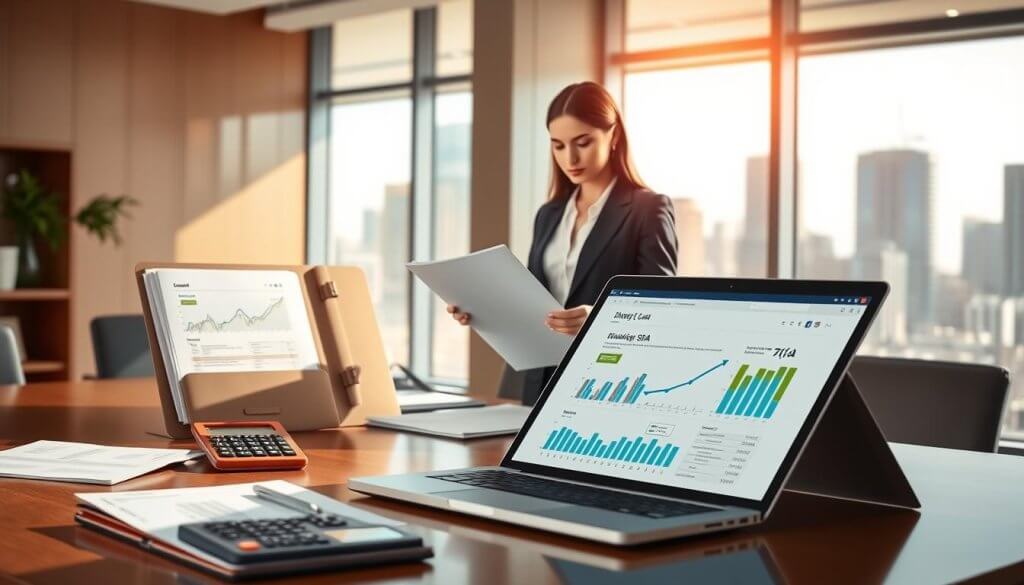 A visually sophisticated illustration of various business financing options, prominently featuring an elegant office desk in the foreground with a laptop displaying financial graphs and loan types. To the left, a neatly organized folder showcasing documents labeled 'SBA 7(a)', alongside a calculator and a cup of coffee, conveying productivity. In the middle ground, a professional businesswoman, dressed in smart business attire, is analyzing the documents, with focused determination on her face. In the background, large windows allow natural light to stream in, illuminating a cityscape view that signifies opportunity. The atmosphere is one of professionalism and ambition, with soft, warm lighting enhancing the mood, shot from a slightly elevated angle to capture the entire scene harmoniously.
