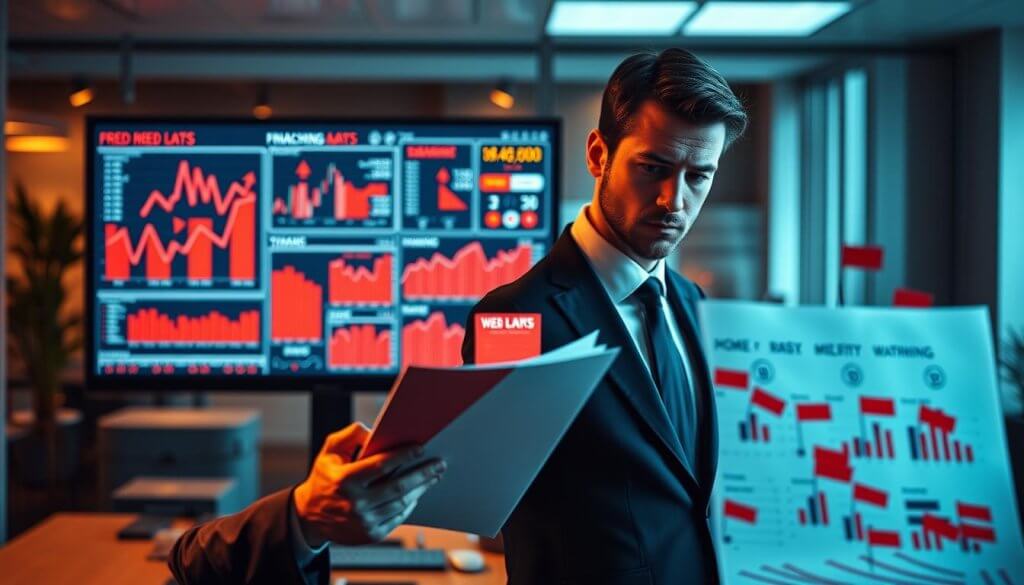 A visually striking representation of "red flags" in financial performance, set in a modern office environment. In the foreground, a focused business professional in a tailored suit examines a document, with a concerned expression. The middle ground reveals a large computer screen displaying alarming charts and graphs, highlighted with red arrows and warning symbols indicating poor financial metrics. In the background, an organized workstation includes a detailed analysis report filled with red flags, subtly glowing under warm ambient lighting. Soft focus on the background creates an atmosphere of urgency and caution, emphasizing the tension associated with identifying potential financial risks. The image captures a serious mood, aiming to convey the importance of vigilance in assessing franchise performance claims.