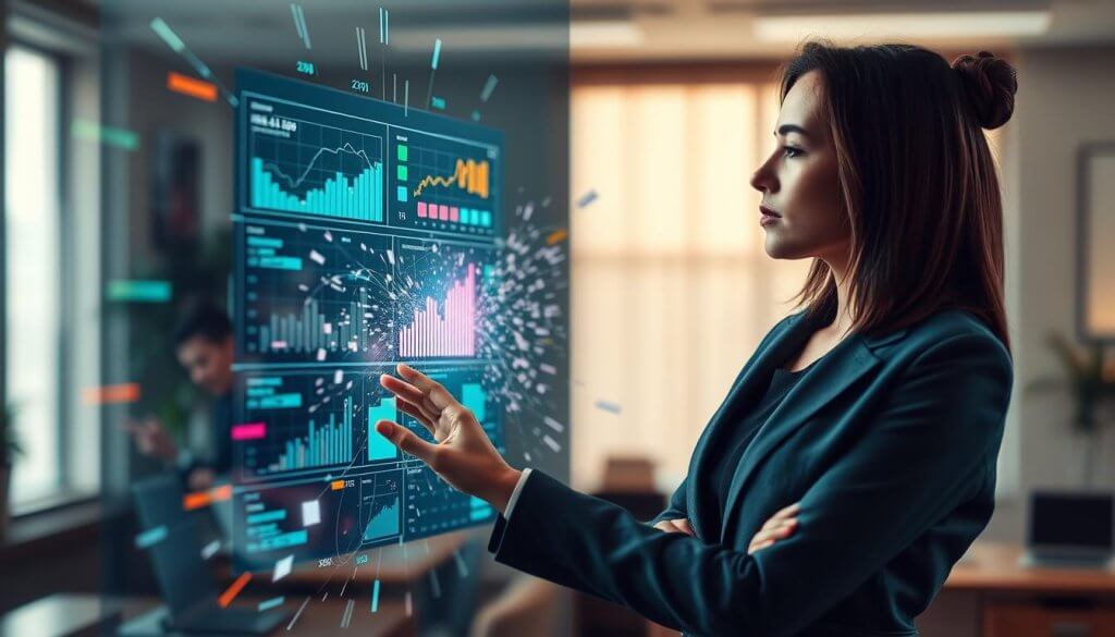 A visually striking representation of "separating signal from noise" illustrating an abstract concept of clarity amidst chaos. In the foreground, a professional businesswoman in a smart blazer, analyzing data on a transparent digital screen with bright graphs and charts that signify clear signals. In the middle ground, a swirl of static and distorted visuals representing noise, billowing around her, creating a sense of confusion and distraction. In the background, a softly blurred office setting with warm lighting, symbolizing a calm and focused environment. The mood is one of determination and clarity, with a strong focus on the contrast between the vibrant signals of honest feedback and the obscuring noise. The angle is slightly angled upwards to evoke a sense of aspiration.