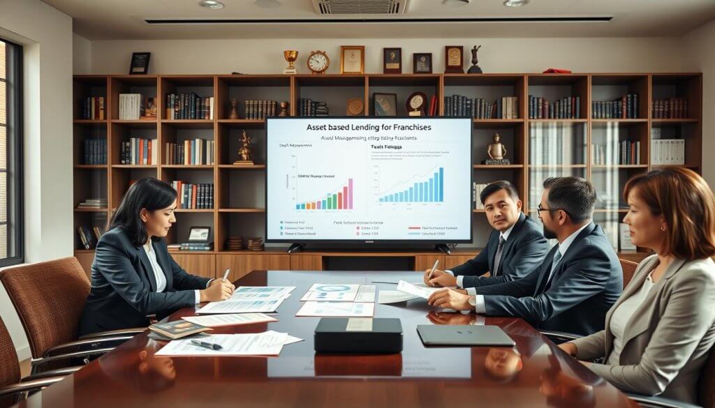 A well-lit office environment focusing on a professional meeting about asset-based lending for franchises. In the foreground, a diverse group of four business people, dressed in smart business attire, are seated around a polished conference table, examining financial documents and charts. In the middle, there's a large screen displaying graphs and statistics about asset management and lending requirements. The background features shelves filled with books and business awards, creating an atmosphere of professionalism and success. Soft, natural lighting enhances the mood, conveying a sense of collaboration and trust. The angle is slightly elevated to capture all participants and the materials in view, emphasizing the importance of the discussion.