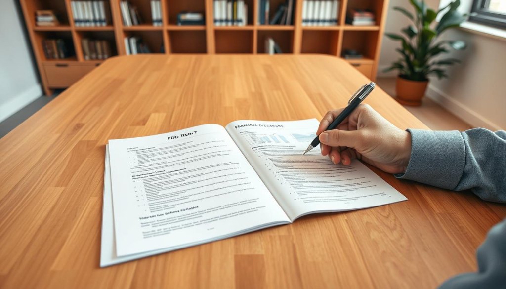 A well-organized franchise disclosure document (FDD) lies open on a sleek wooden desk in a modern office space. The foreground features a pair of professional business attires—two hands, one holding a pen, poised to annotate important sections of the document. In the middle ground, the FDD displays neatly formatted sections and bullet points, with clear headings and financial graphs subtly visible. The background reveals a softly lit room with a bookshelf filled with business literature and a potted plant, adding a touch of calm to the scene. The lighting is warm and inviting, creating a focused and serious atmosphere, hinting at the importance of understanding FDD Item 7 in the investment process. The angle captures the document from a slight top-down perspective, emphasizing its significance and clarity. A well-organized franchise disclosure document (FDD) lies open on a sleek wooden desk in a modern office space. The foreground features a pair of professional business attires—two hands, one holding a pen, poised to annotate important sections of the document. In the middle ground, the FDD displays neatly formatted sections and bullet points, with clear headings and financial graphs subtly visible. The background reveals a softly lit room with a bookshelf filled with business literature and a potted plant, adding a touch of calm to the scene. The lighting is warm and inviting, creating a focused and serious atmosphere, hinting at the importance of understanding FDD Item 7 in the investment process. The angle captures the document from a slight top-down perspective, emphasizing its significance and clarity.