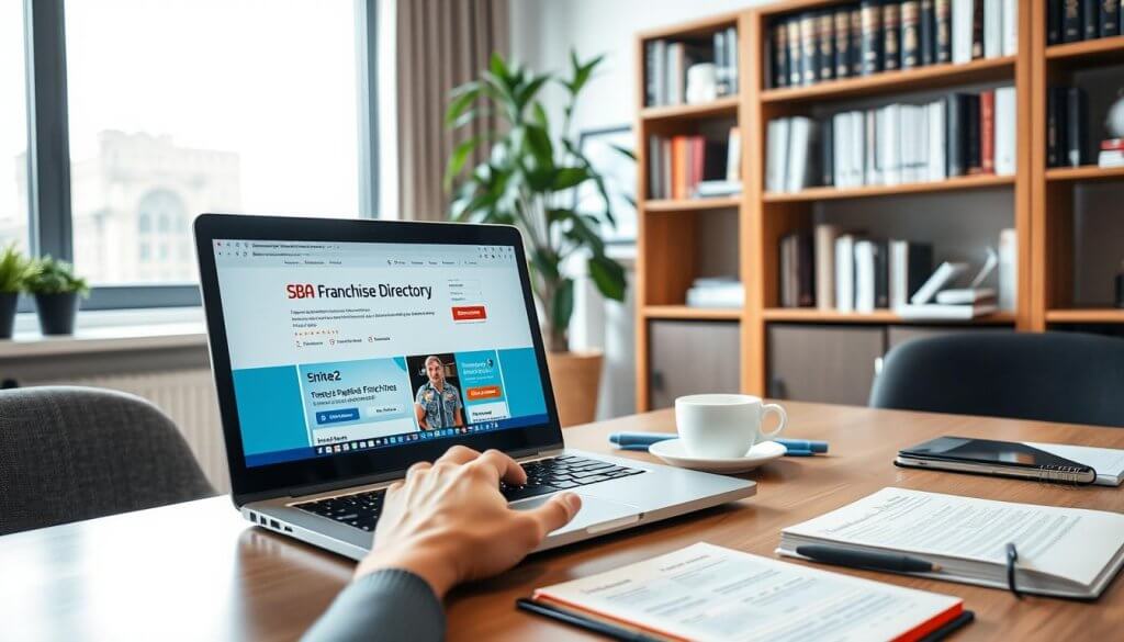 A well-organized office space featuring an open laptop displaying the SBA Franchise Directory webpage. In the foreground, focus on the laptop with a hand using a mouse to navigate the site. The middle section includes a neatly arranged desk with a coffee cup and a notebook filled with notes about franchises. In the background, a bookshelf filled with business books and a plant add a touch of greenery, while a large window allows natural light to flood the scene, creating a bright and inviting atmosphere. The mood is professional and productive, reflecting the process of researching franchises. The image is captured from a slightly elevated angle to provide a comprehensive view of the desk and laptop setup. A well-organized office space featuring an open laptop displaying the SBA Franchise Directory webpage. In the foreground, focus on the laptop with a hand using a mouse to navigate the site. The middle section includes a neatly arranged desk with a coffee cup and a notebook filled with notes about franchises. In the background, a bookshelf filled with business books and a plant add a touch of greenery, while a large window allows natural light to flood the scene, creating a bright and inviting atmosphere. The mood is professional and productive, reflecting the process of researching franchises. The image is captured from a slightly elevated angle to provide a comprehensive view of the desk and laptop setup.