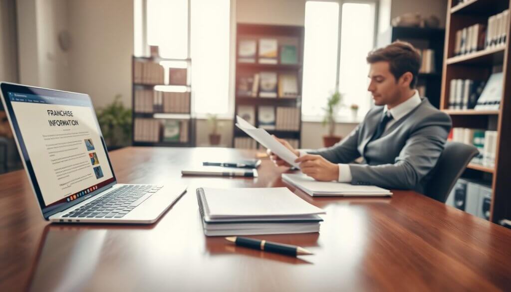 A well-organized workspace with a polished wooden desk in the foreground, featuring a laptop open to a franchise information website alongside neatly arranged paperwork, a notepad, and a sleek pen. A professional businessperson, dressed in business attire, is seated at the desk, attentively reviewing notes and making preparations for a meeting. In the middle ground, a large window lets in soft, natural sunlight, illuminating the space and creating a warm, inviting atmosphere. In the background, bookshelves filled with franchise guides and resources add depth and context. The image should convey a sense of focus and readiness, with soft lighting that highlights the important elements without distractions. Use a shallow depth of field to keep attention on the preparation process.